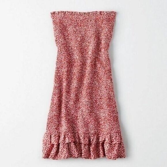 AEO | Smocked Tube Short Dress Red & White Ditsy Floral Mini Ruffle Hem Sz S - Picture 2 of 10